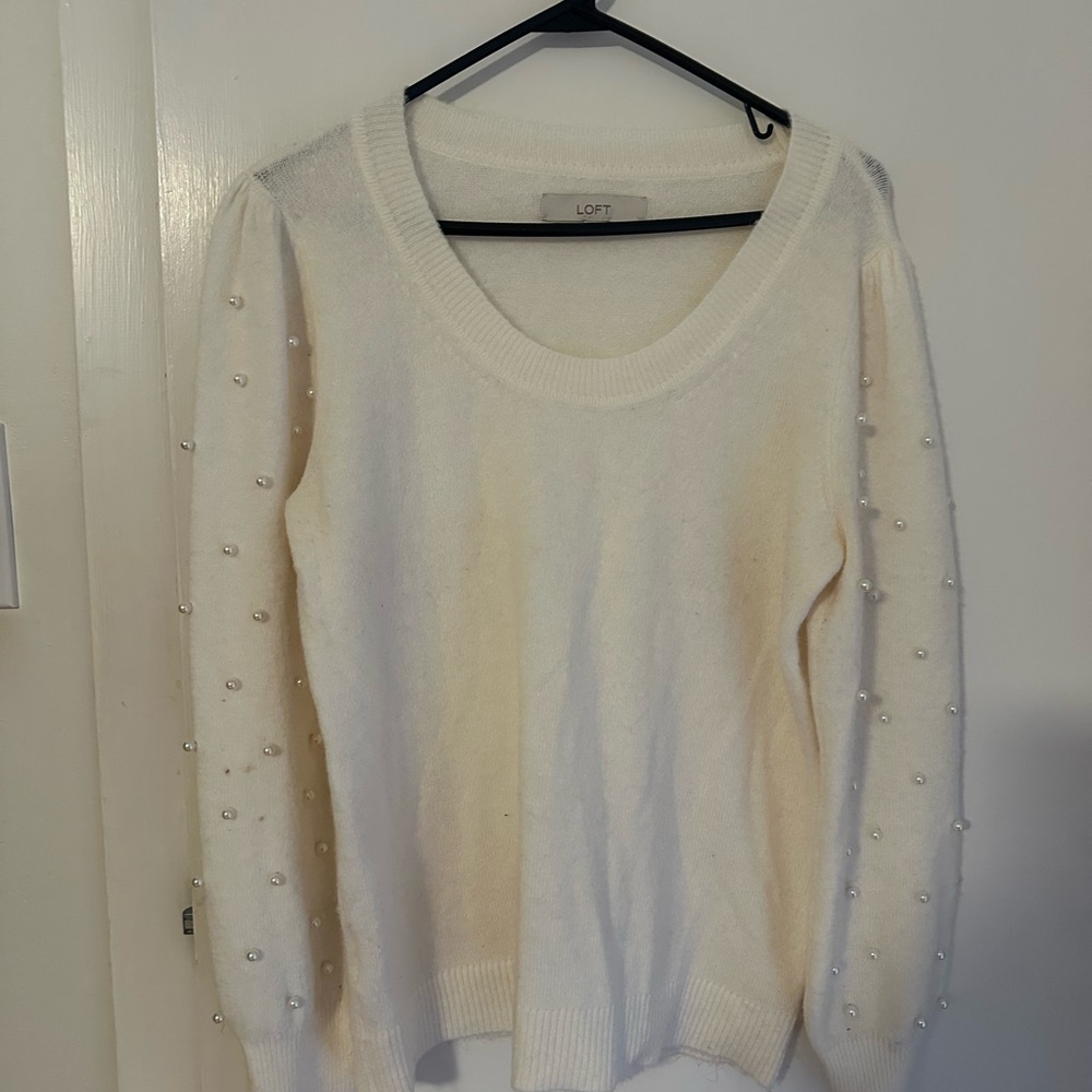 LOFT Cream Sweater with Pearl Details